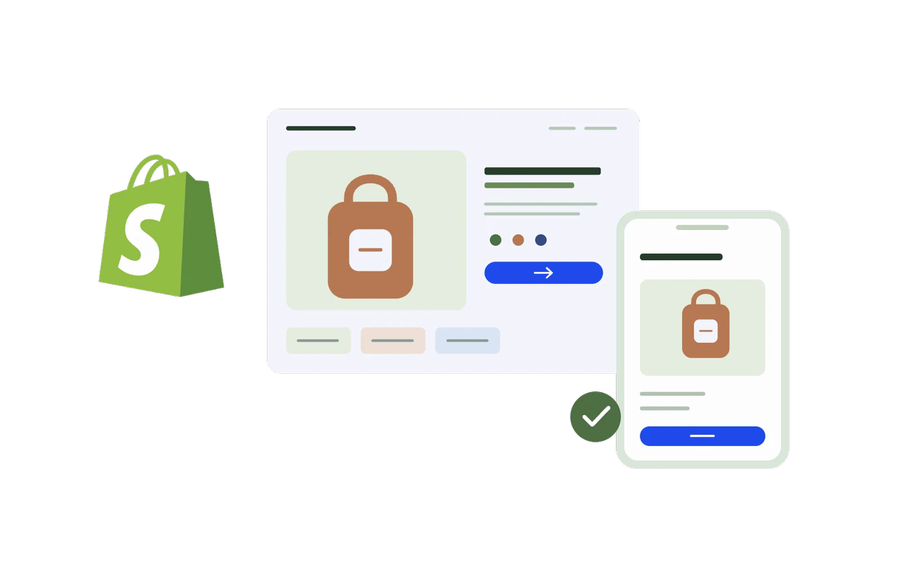 رحلة توضيحية لشوبيفاي: يظهر شعار شوبيفاي مع منتج تتغيّر خياراته، ثم تنتقل التجربة إلى سلة الهاتف وتأكيد الشراء.