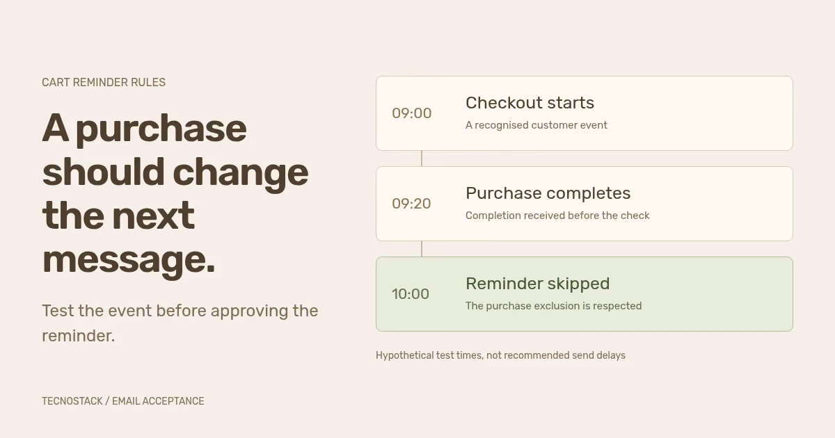 An illustrative checkout and purchase timeline ends with a reminder correctly skipped.