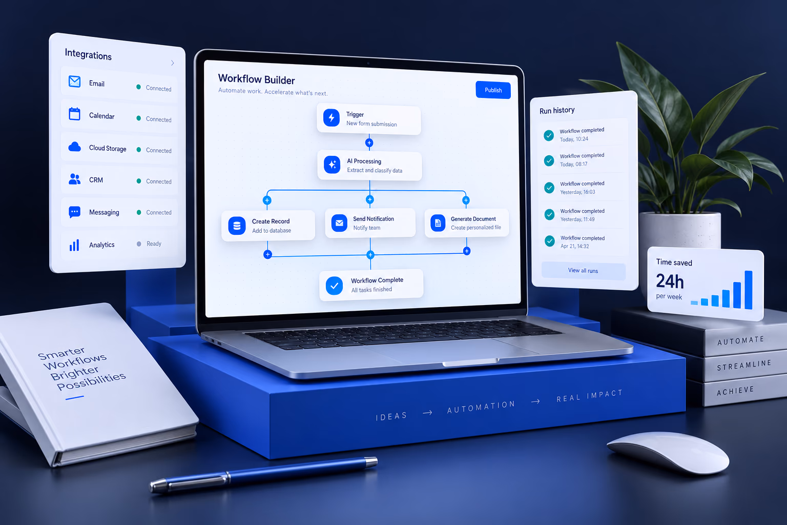 White workflow panels connected by cyan lines on a navy background.