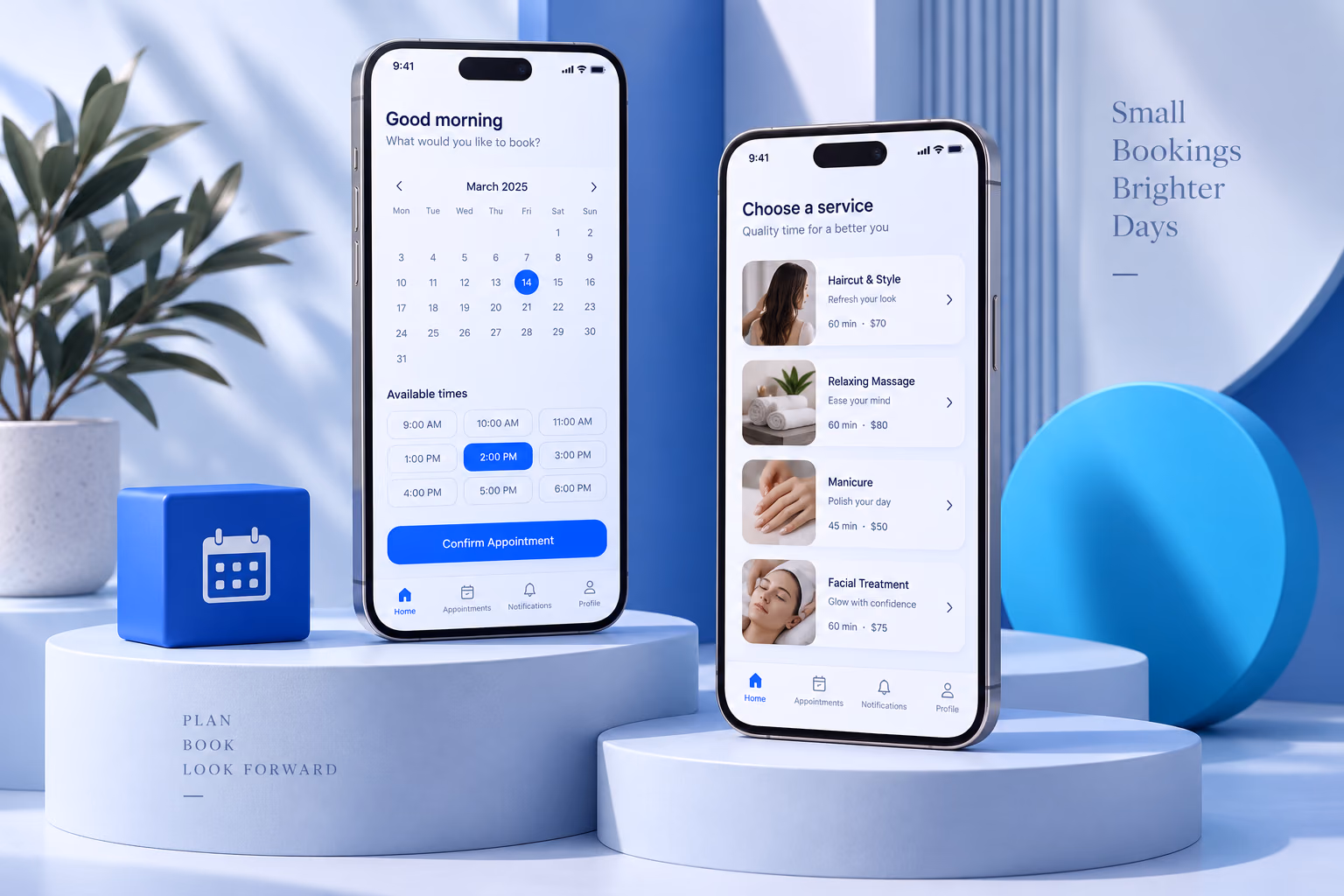 Illustrative mobile appointment interface with services and available times