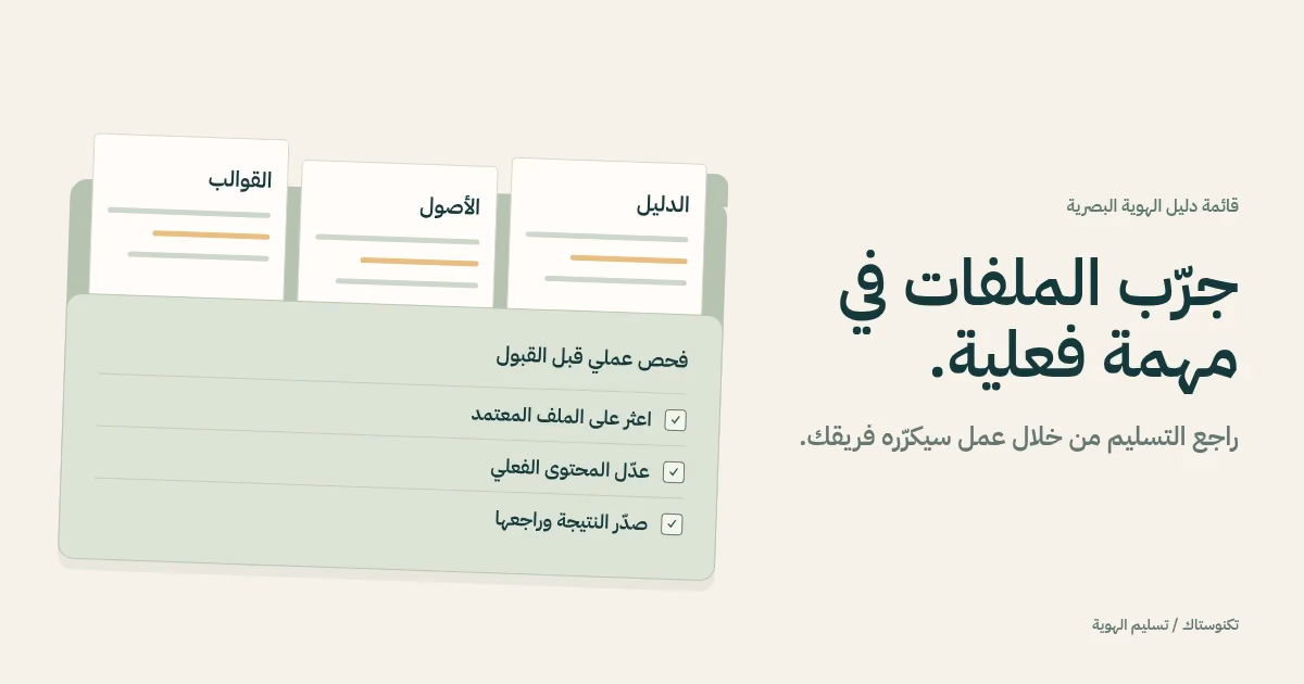 رسم لمجلد تسليم الهوية يحتوي على الدليل والأصول المعتمدة والقوالب القابلة للتحرير، وبجواره قائمة مراجعة.
