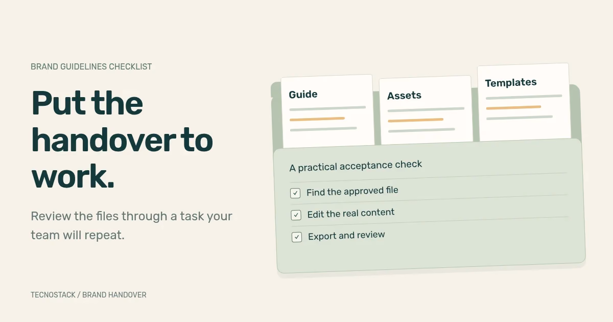 An illustrated brand handover folder containing a guide, approved assets and editable templates, with a review checklist.