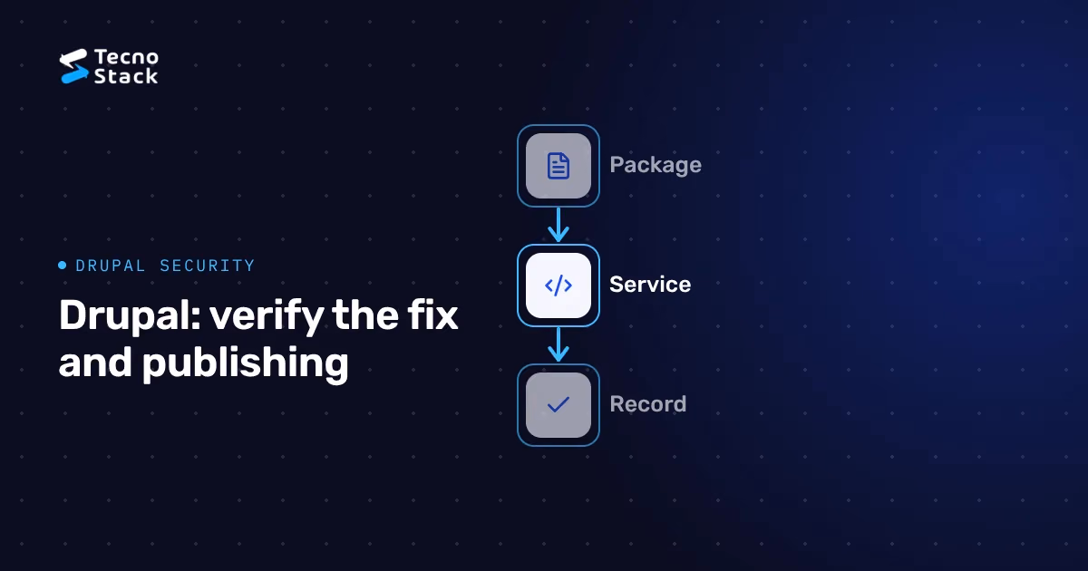 Illustrative Drupal maintenance diagram linking a PHP package, active service and verification record on navy.