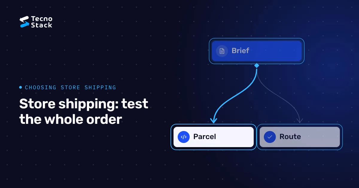 Illustrative shipping brief branching into parcel and route checks on a navy background.