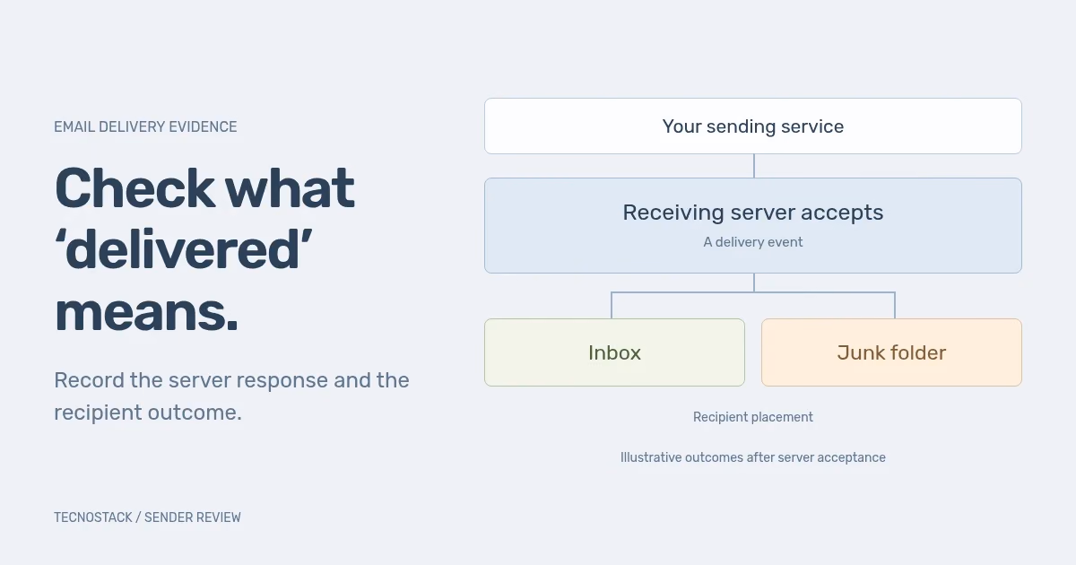A receiving server accepts a message, with inbox and junk-folder placement shown as separate illustrative outcomes.