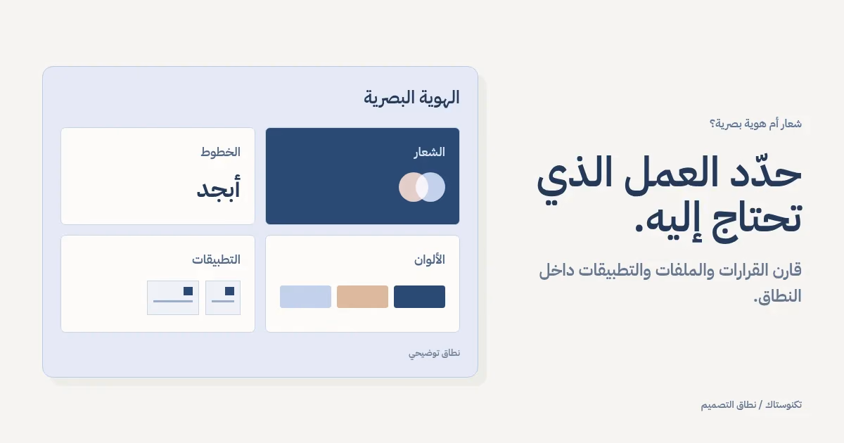 رمز شعار داخل نظام هوية أوسع يضم الألوان والخطوط وأمثلة التطبيقات.