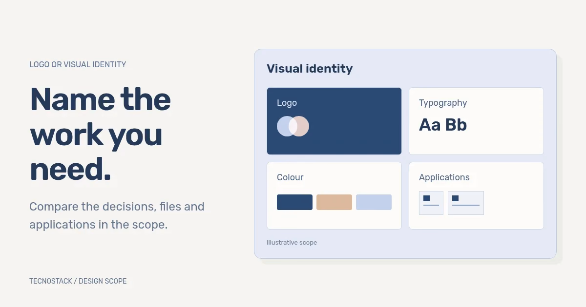 A logo mark shown inside a wider identity system with colour, typography and application examples.