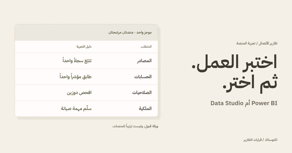 ورقة مقارنة أصلية تضع المصادر والحسابات والصلاحيات وملكية التشغيل قبل الاختيار بين Power BI وData Studio.