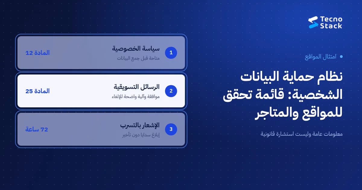 قائمة تحقق نظام حماية البيانات الشخصية للمواقع والمتاجر: سياسة خصوصية قبل الجمع (المادة 12)، وموافقة وآلية إلغاء للرسائل التسويقية (المادة 25)، وإشعار سدايا بالتسرب خلال 72 ساعة.