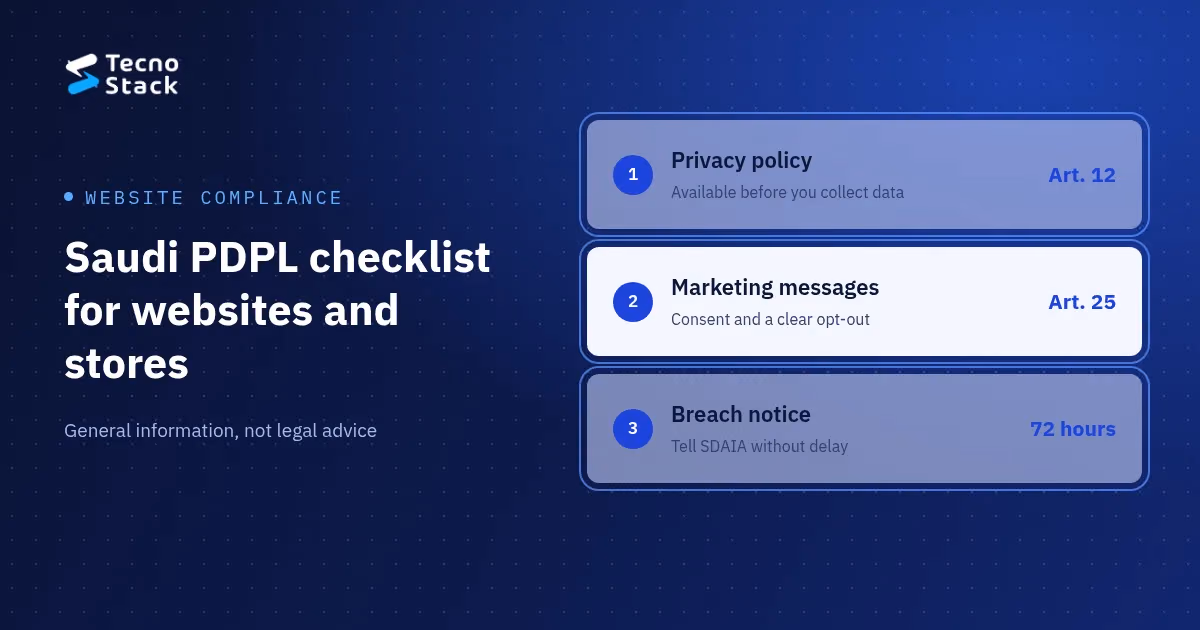 Saudi PDPL checklist for websites and stores: a privacy policy before collection (Article 12), consent and an opt-out for marketing messages (Article 25), and breach notice to SDAIA within 72 hours.