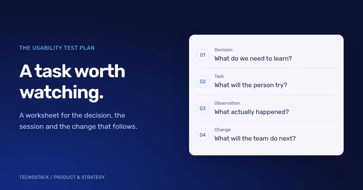 A usability study worksheet linking a decision, a task, an observation and a design change.
