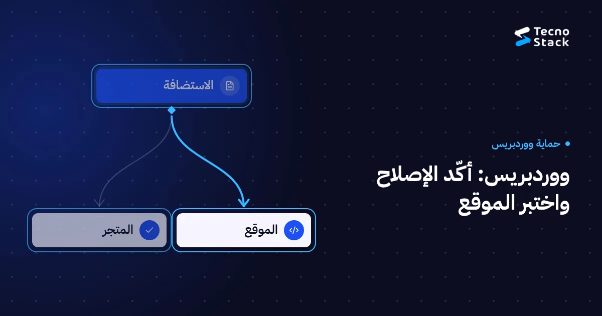 رسم صيانة توضيحي يربط مسؤول الاستضافة بموقع ووردبريس والمتجر على خلفية كحلية.